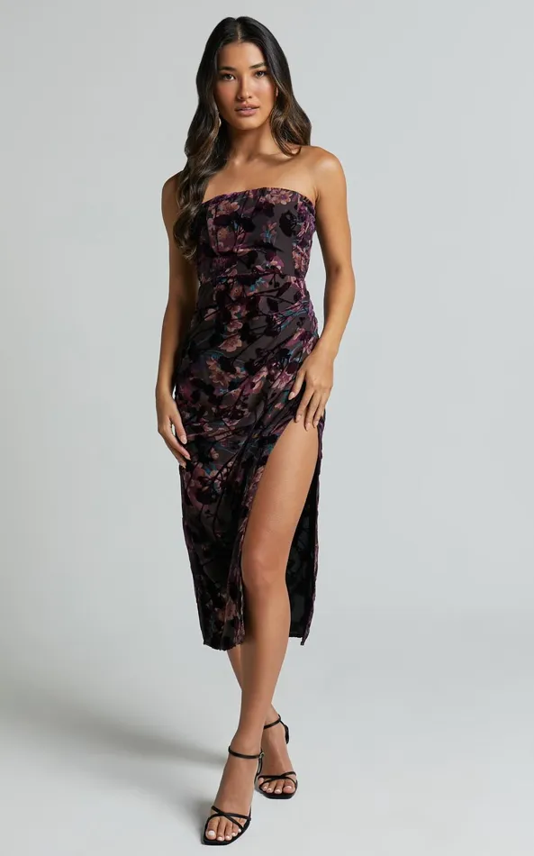 Showpo Jessell Midi Dress 8211 High Split Strapless Dress In ALETTA BURNOUT Women Dresses