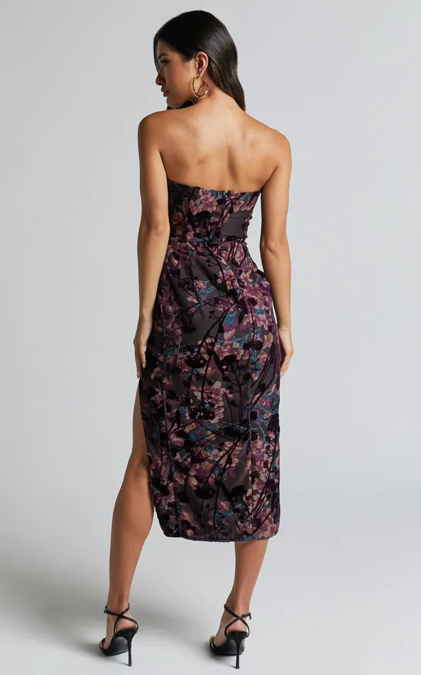Showpo Jessell Midi Dress 8211 High Split Strapless Dress In ALETTA BURNOUT Women Dresses