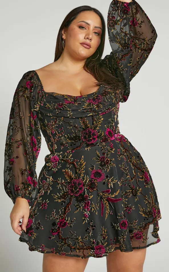 Showpo Jessell Mini Dress 8211 Long Sleeve Cowl Corset Dress In Black Floral Women Curve Clothes