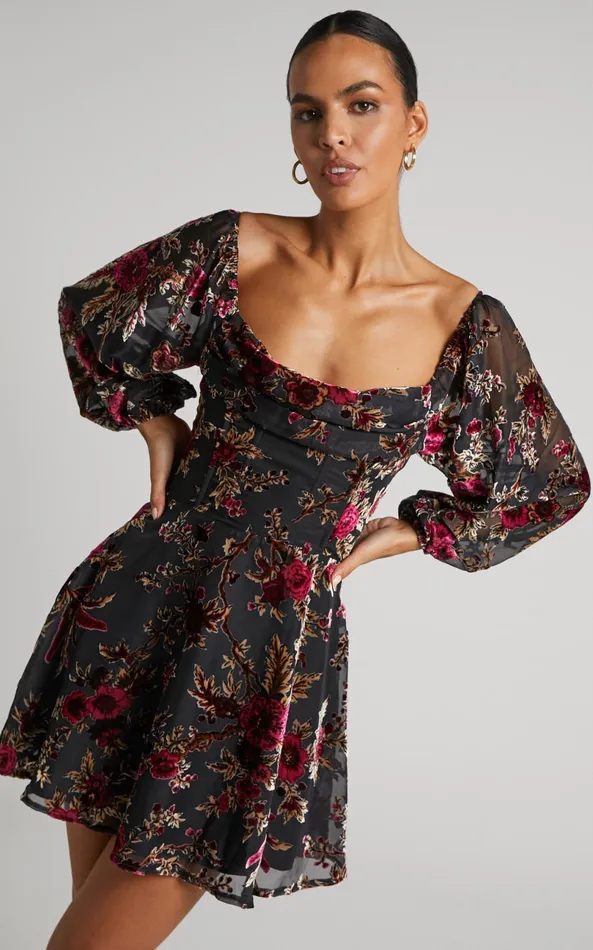 Showpo Jessell Mini Dress 8211 Long Sleeve Cowl Corset Dress In Black Floral Women Curve Clothes