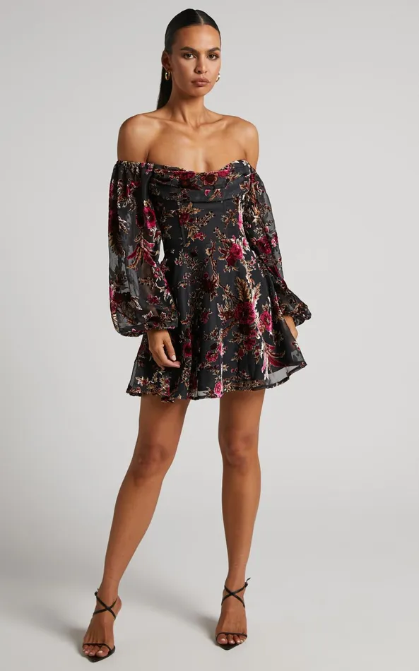 Showpo Jessell Mini Dress 8211 Long Sleeve Cowl Corset Dress In Black Floral Women Curve Clothes