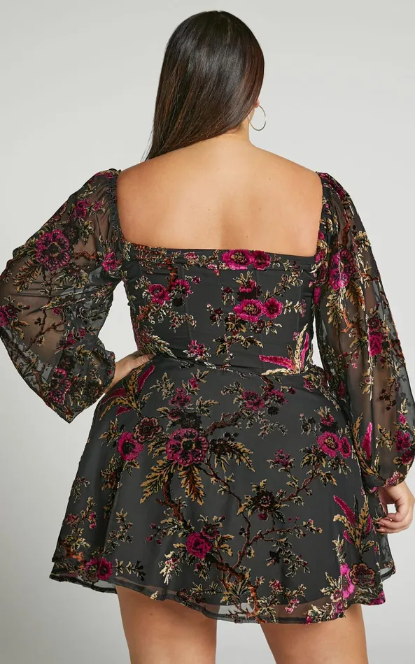 Showpo Jessell Mini Dress 8211 Long Sleeve Cowl Corset Dress In Black Floral Women Curve Clothes