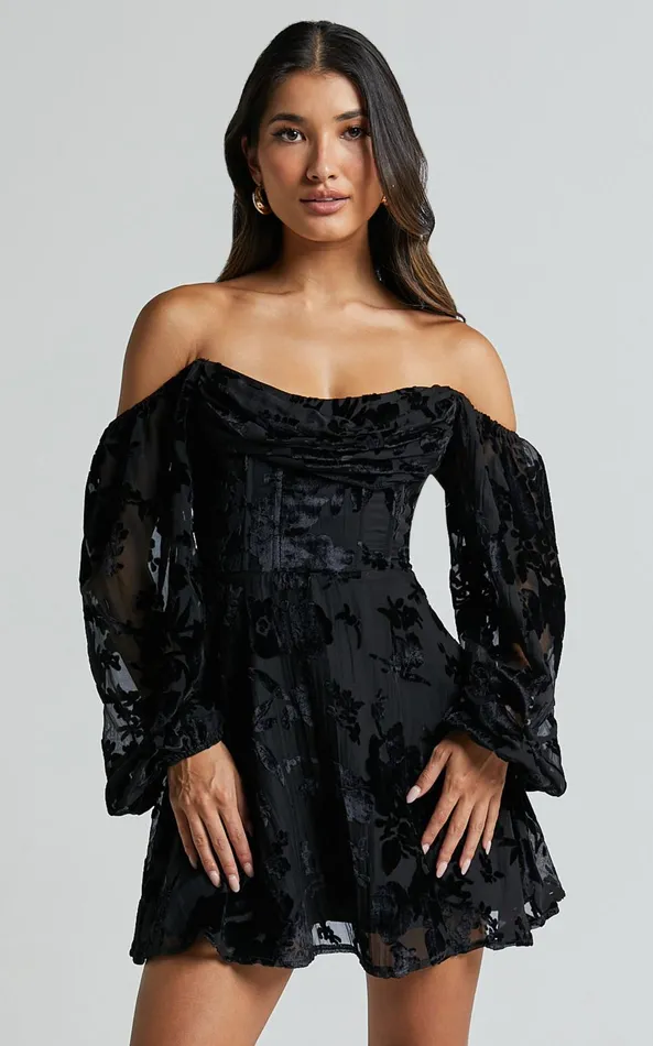 Showpo Jessell Mini Dress 8211 Long Sleeve Cowl Corset Dress In Ebony Burnout Women Dresses