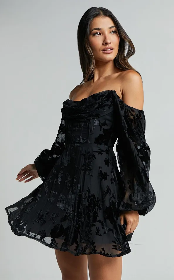 Showpo Jessell Mini Dress 8211 Long Sleeve Cowl Corset Dress In Ebony Burnout Women Dresses