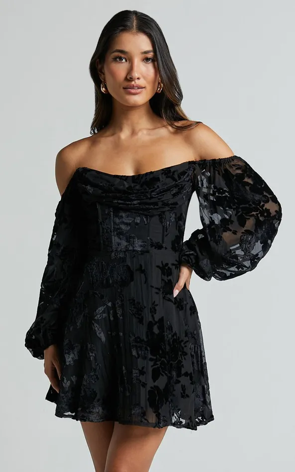 Showpo Jessell Mini Dress 8211 Long Sleeve Cowl Corset Dress In Ebony Burnout Women Dresses