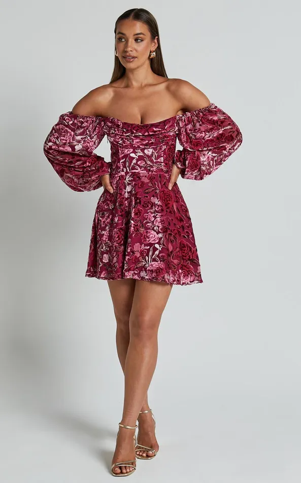 Showpo Jessell Mini Dress 8211 Long Sleeve Cowl Corset Dress In Pink Floral Burnout Women Dresses