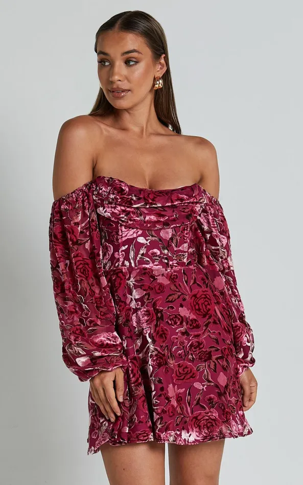 Showpo Jessell Mini Dress 8211 Long Sleeve Cowl Corset Dress In Pink Floral Burnout Women Dresses