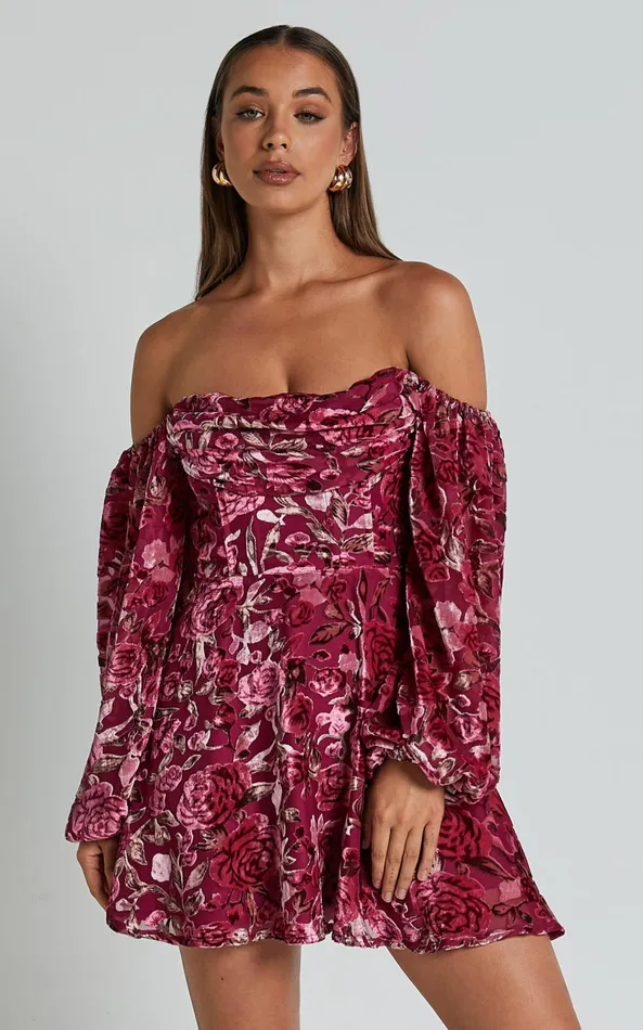 Showpo Jessell Mini Dress 8211 Long Sleeve Cowl Corset Dress In Pink Floral Burnout Women Dresses