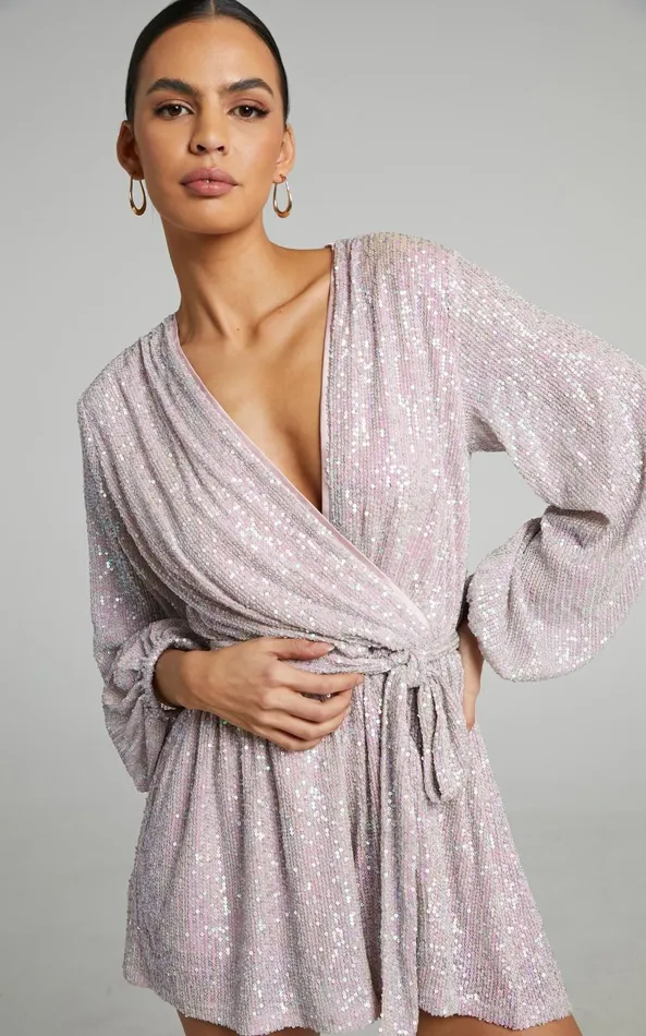 Showpo Jessen Playsuit 8211 Tie Waist Balloon Sleeve Playsuit In Blush Sequin Women Rompers Showpo Jessen Playsuit 8211 Tie Waist Balloon Sleeve Playsuit In Blush Sequin Women Rompers