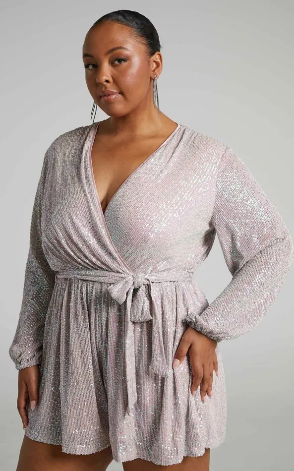 Showpo Jessen Playsuit 8211 Tie Waist Balloon Sleeve Playsuit In Blush Sequin Women Rompers