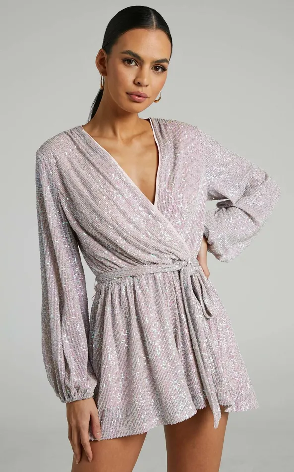 Showpo Jessen Playsuit 8211 Tie Waist Balloon Sleeve Playsuit In Blush Sequin Women Rompers