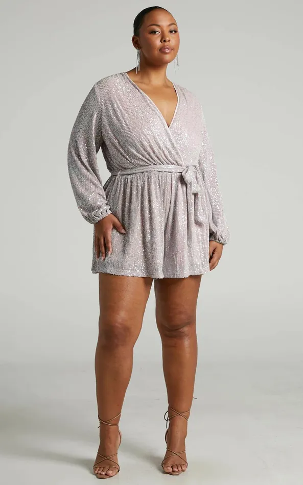 Showpo Jessen Playsuit 8211 Tie Waist Balloon Sleeve Playsuit In Blush Sequin Women Rompers