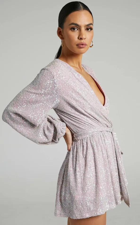 Showpo Jessen Playsuit 8211 Tie Waist Balloon Sleeve Playsuit In Blush Sequin Women Rompers