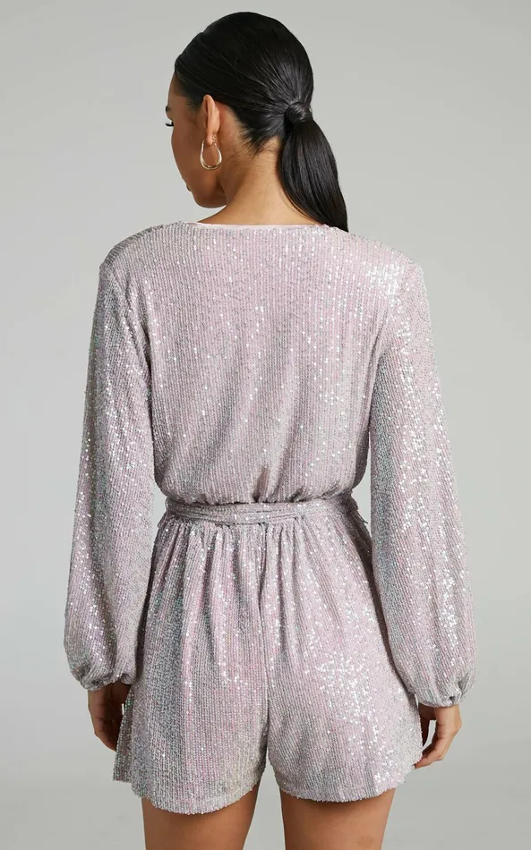 Showpo Jessen Playsuit 8211 Tie Waist Balloon Sleeve Playsuit In Blush Sequin Women Rompers