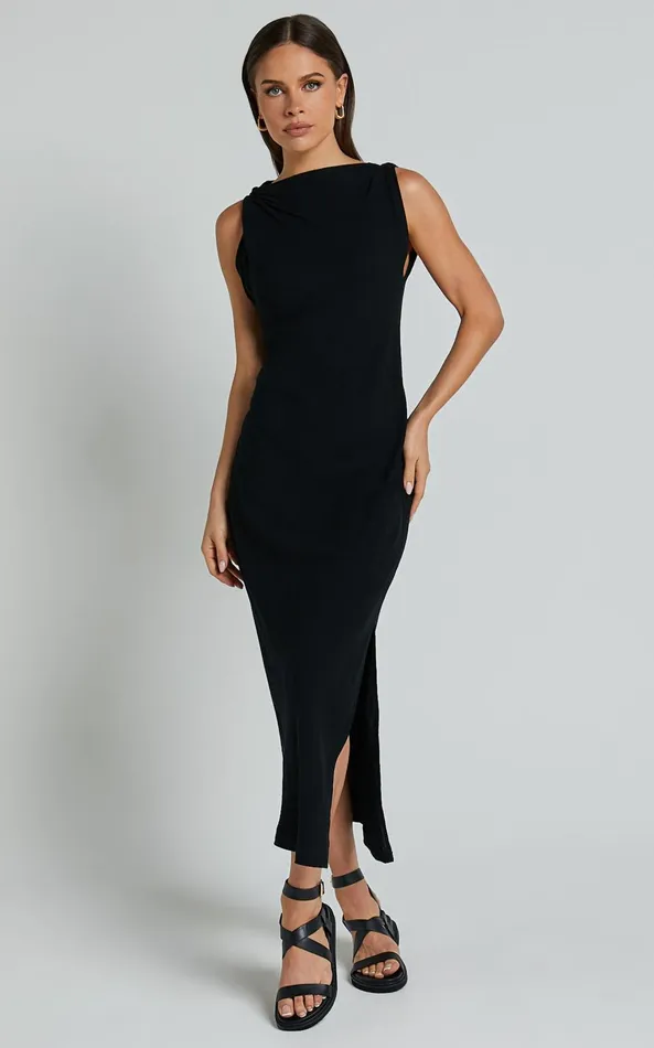Showpo Jessenia Maxi Dress 8211 Linen Look High Neck Dress In Black Women Dresses