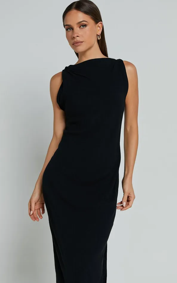 Showpo Jessenia Maxi Dress 8211 Linen Look High Neck Dress In Black Women Dresses