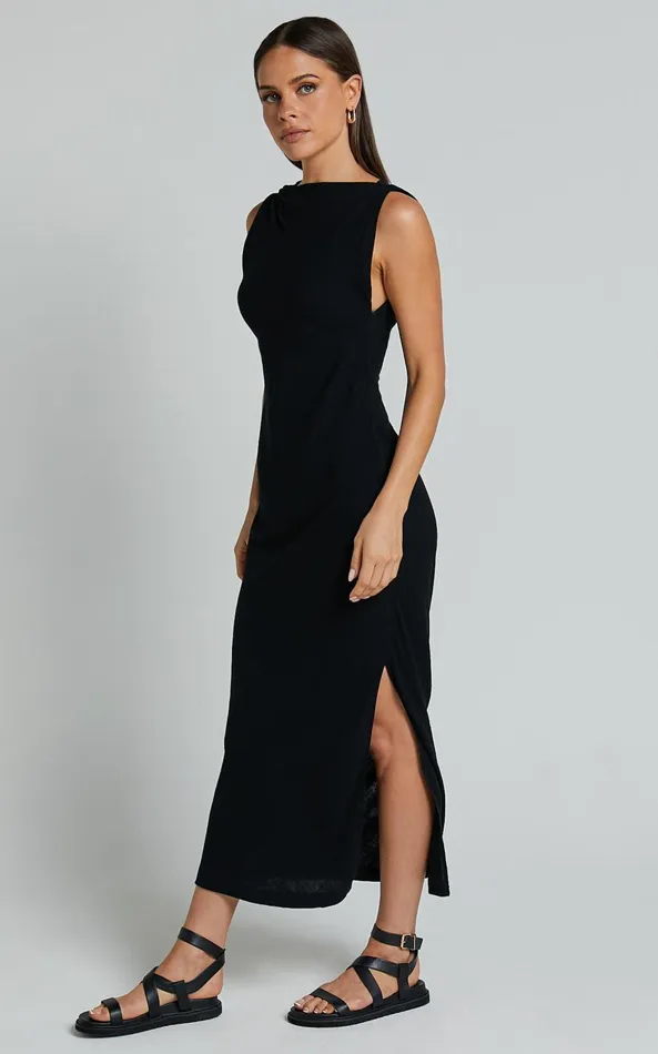 Showpo Jessenia Maxi Dress 8211 Linen Look High Neck Dress In Black Women Dresses