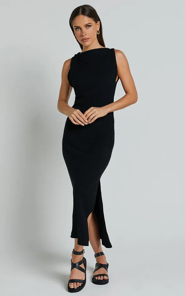 Showpo Jessenia Maxi Dress 8211 Linen Look High Neck Dress In Black Women Dresses