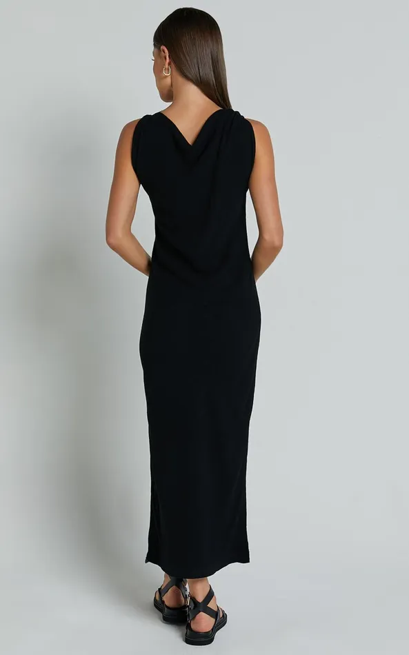 Showpo Jessenia Maxi Dress 8211 Linen Look High Neck Dress In Black Women Dresses