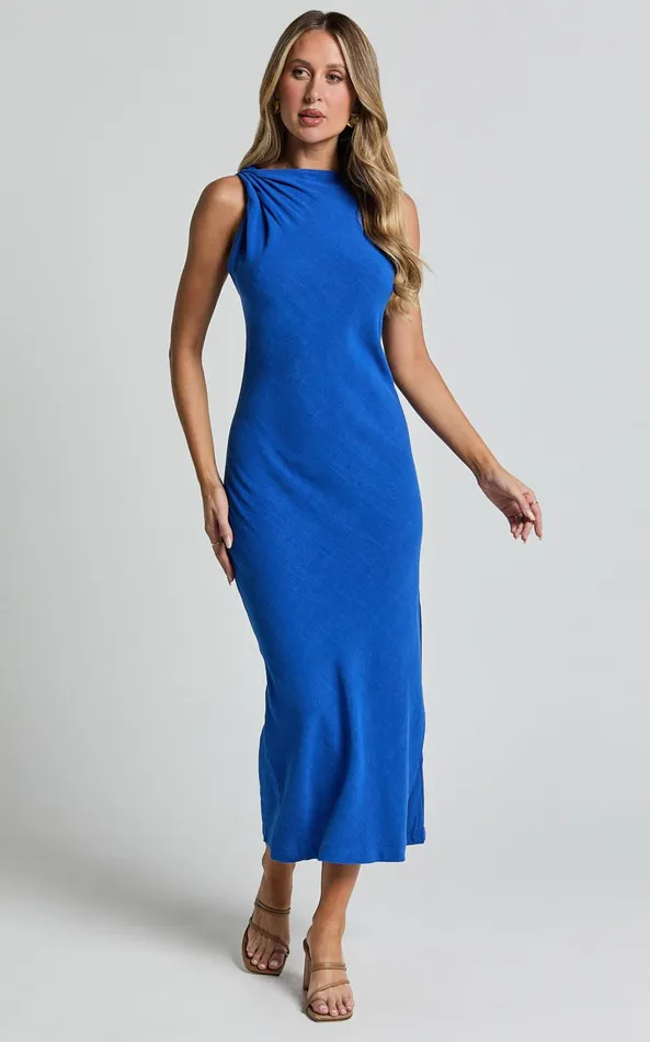 Showpo Jessenia Maxi Dress 8211 Linen Look High Neck Dress In Cobalt Women Dresses