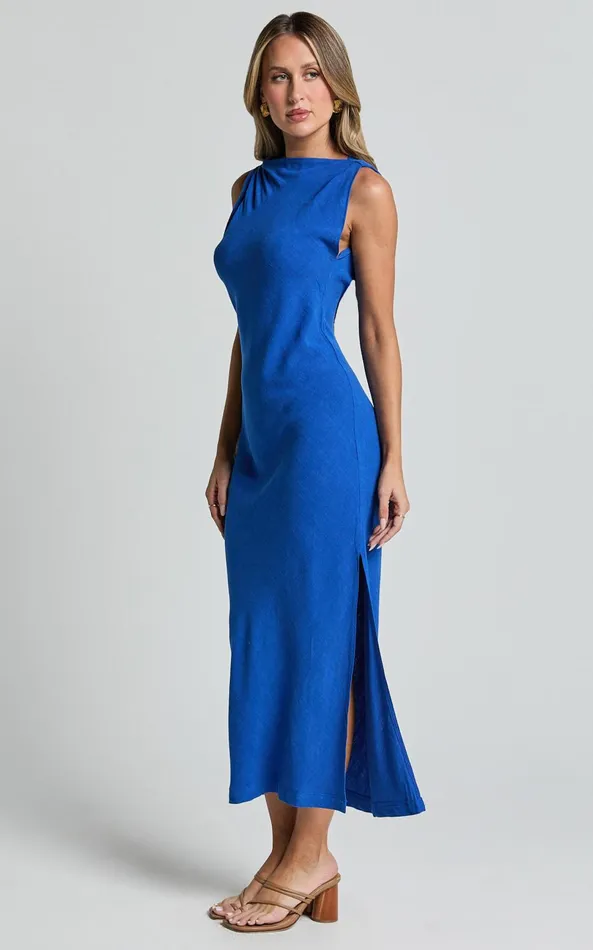 Showpo Jessenia Maxi Dress 8211 Linen Look High Neck Dress In Cobalt Women Dresses