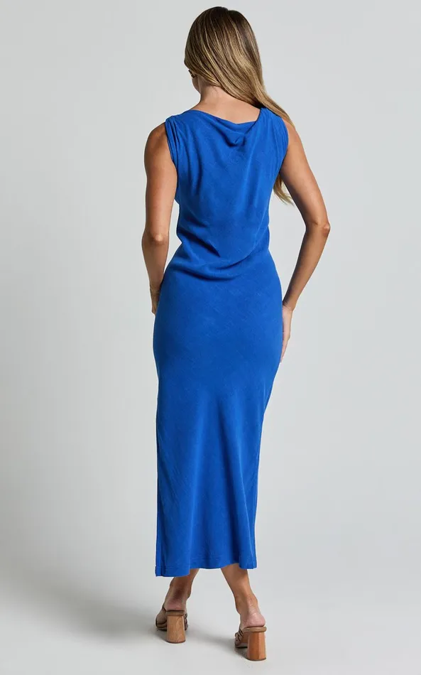Showpo Jessenia Maxi Dress 8211 Linen Look High Neck Dress In Cobalt Women Dresses