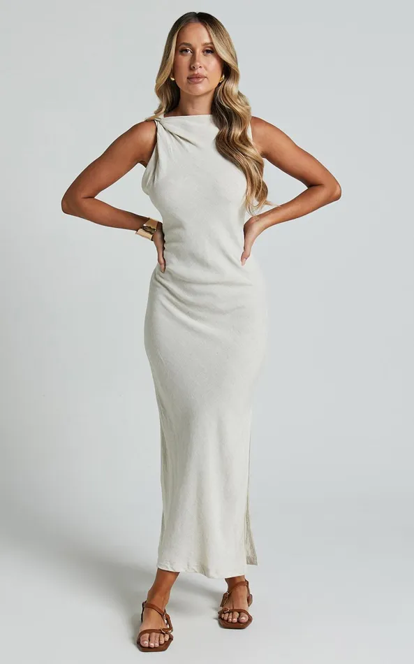 Showpo Jessenia Maxi Dress 8211 Linen Look High Neck Dress In Natural Women Dresses