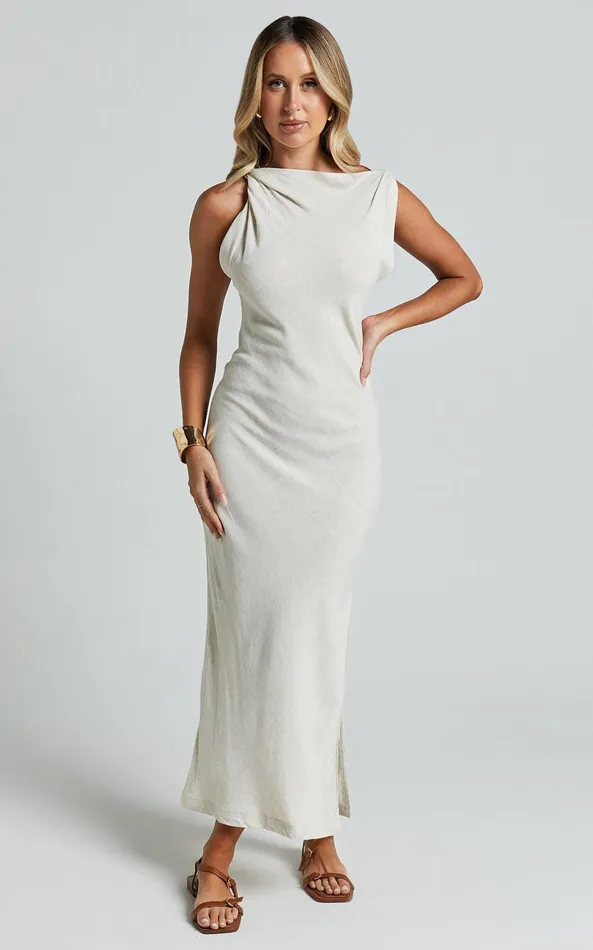 Showpo Jessenia Maxi Dress 8211 Linen Look High Neck Dress In Natural Women Dresses