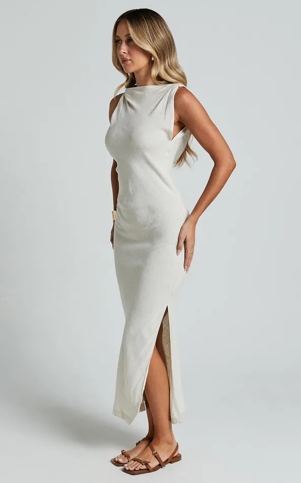 Showpo Jessenia Maxi Dress 8211 Linen Look High Neck Dress In Natural Women Dresses