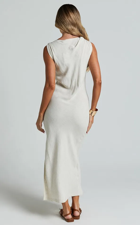 Showpo Jessenia Maxi Dress 8211 Linen Look High Neck Dress In Natural Women Dresses