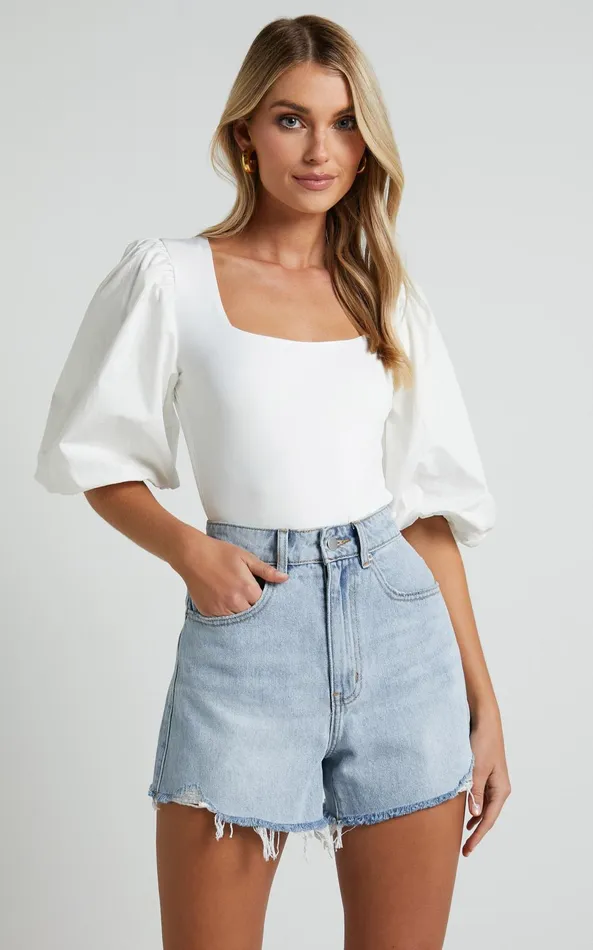 Showpo Jessica Bodysuit 8211 Square Neck Short Bubble Sleeve Bodysuit In White Women Tops Showpo Jessica Bodysuit 8211 Square Neck Short Bubble Sleeve Bodysuit In White Women Tops