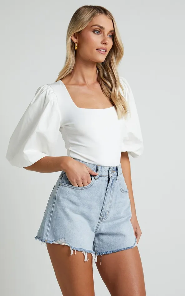 Showpo Jessica Bodysuit 8211 Square Neck Short Bubble Sleeve Bodysuit In White Women Tops