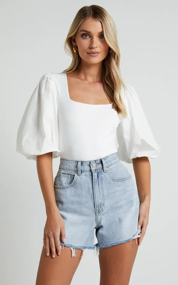 Showpo Jessica Bodysuit 8211 Square Neck Short Bubble Sleeve Bodysuit In White Women Tops