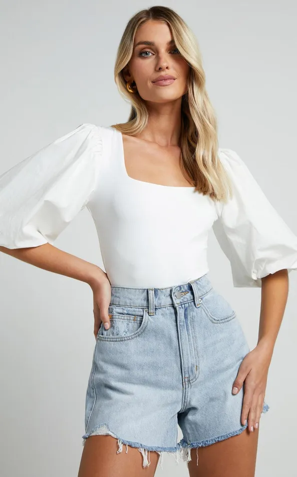 Showpo Jessica Bodysuit 8211 Square Neck Short Bubble Sleeve Bodysuit In White Women Tops