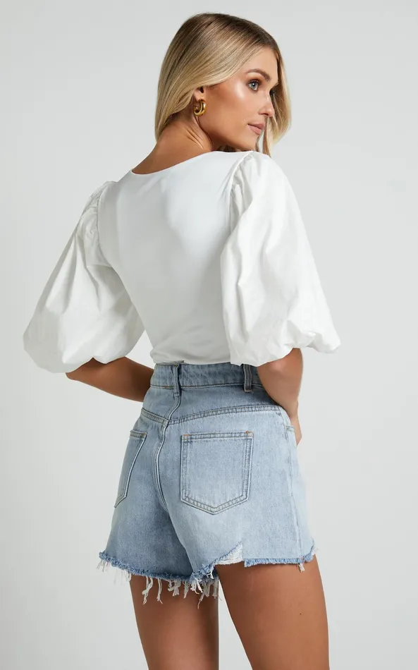 Showpo Jessica Bodysuit 8211 Square Neck Short Bubble Sleeve Bodysuit In White Women Tops