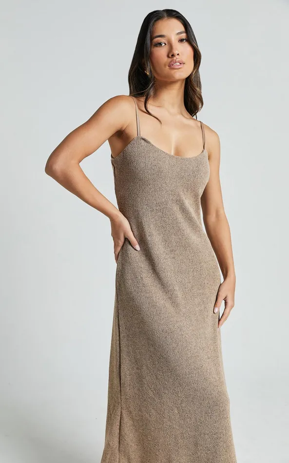Showpo Jessie Midi Dress 8211 Knitted Strappy Scoop Neck Slip Dress In Mushroom Women Dresses