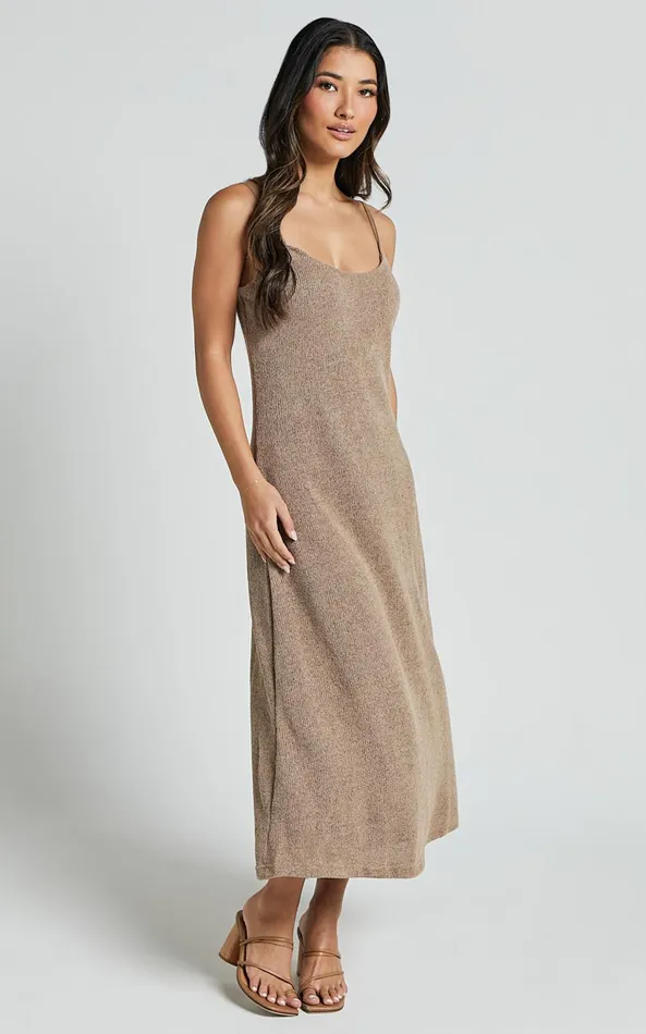 Showpo Jessie Midi Dress 8211 Knitted Strappy Scoop Neck Slip Dress In Mushroom Women Dresses