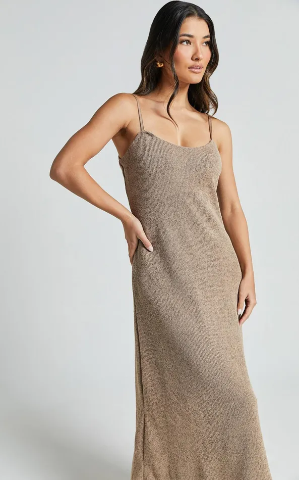 Showpo Jessie Midi Dress 8211 Knitted Strappy Scoop Neck Slip Dress In Mushroom Women Dresses
