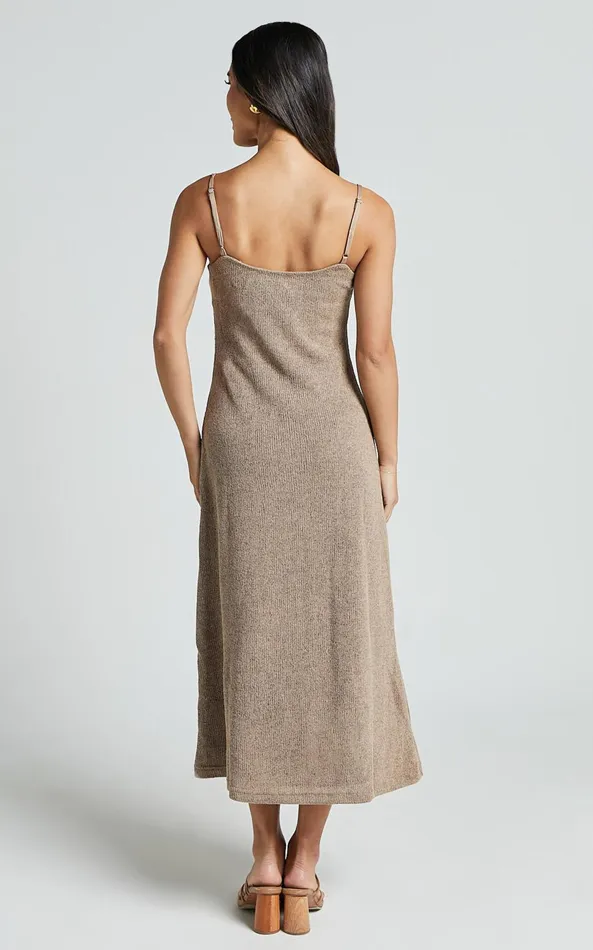 Showpo Jessie Midi Dress 8211 Knitted Strappy Scoop Neck Slip Dress In Mushroom Women Dresses