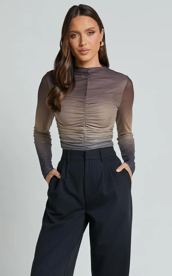 Showpo Jestin Top 8211 High Neck Long Sleeve Ruched Top In Stormy Ombre Women Tops