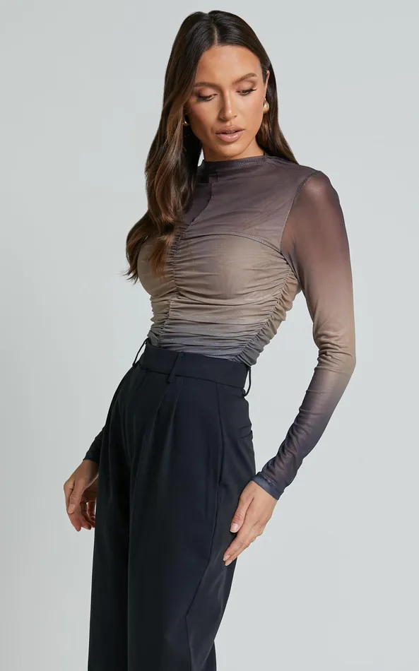 Showpo Jestin Top 8211 High Neck Long Sleeve Ruched Top In Stormy Ombre Women Tops