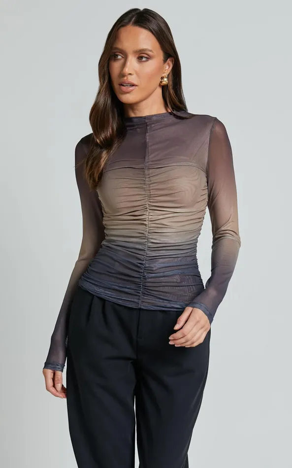 Showpo Jestin Top 8211 High Neck Long Sleeve Ruched Top In Stormy Ombre Women Tops