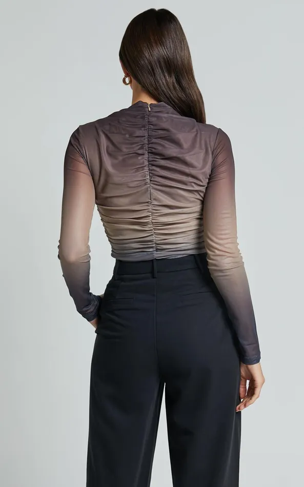 Showpo Jestin Top 8211 High Neck Long Sleeve Ruched Top In Stormy Ombre Women Tops