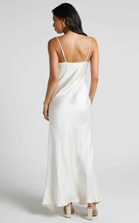 Showpo Jewelle Midi Dress 8211 High Split Cowl Neck Satin Dress In Pearl Women Dresses
