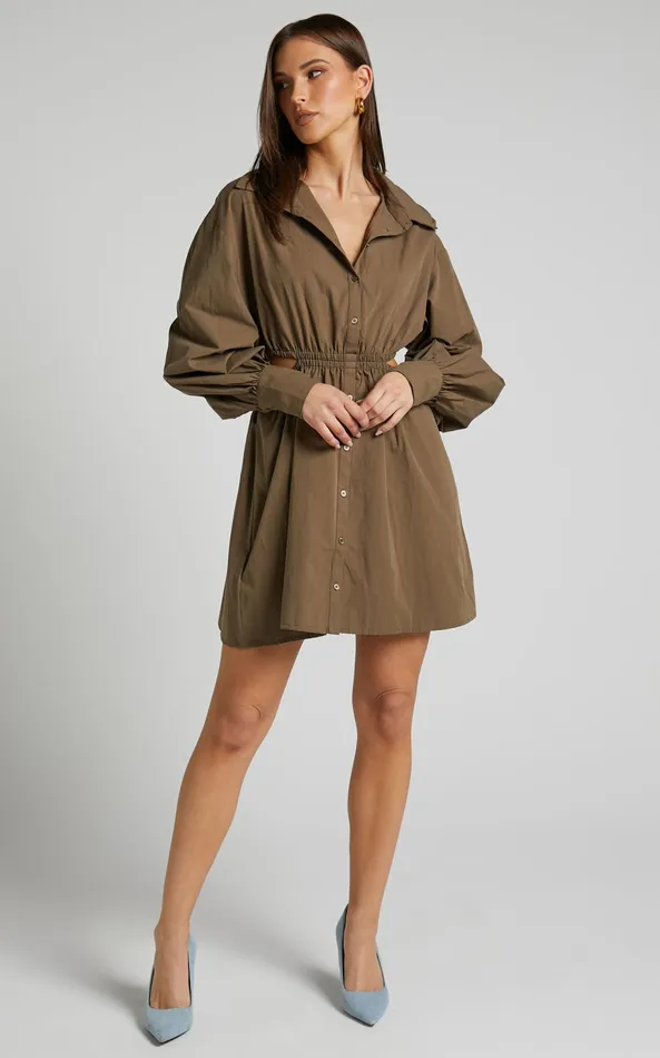 Showpo Jiah Dress 8211 Side Cut Out Mini Shirt Dress In Khaki Women Dresses