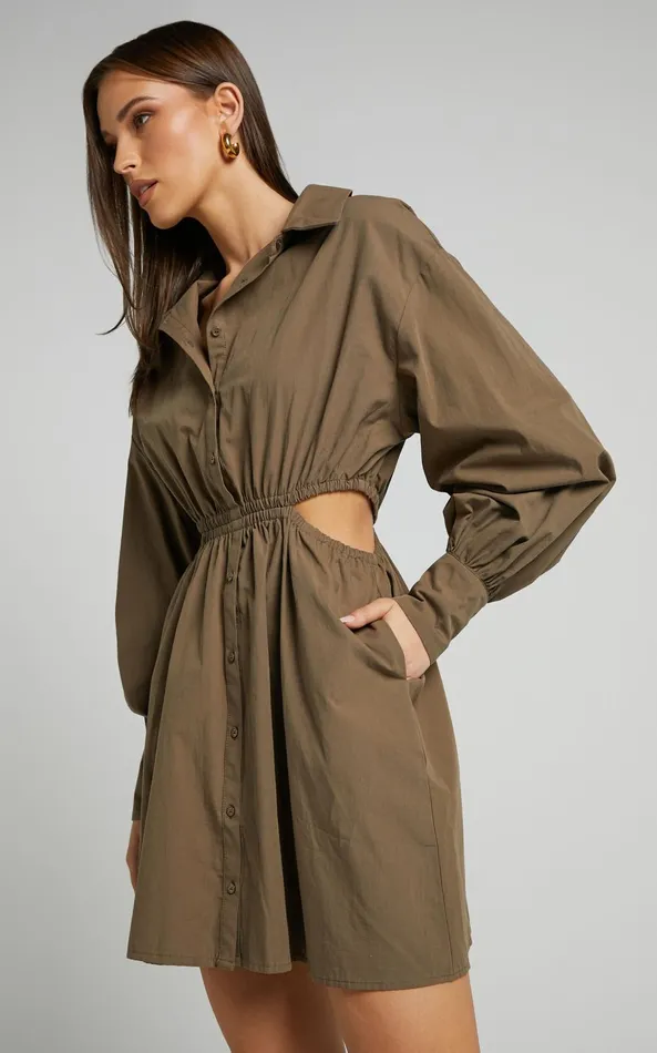 Showpo Jiah Dress 8211 Side Cut Out Mini Shirt Dress In Khaki Women Dresses