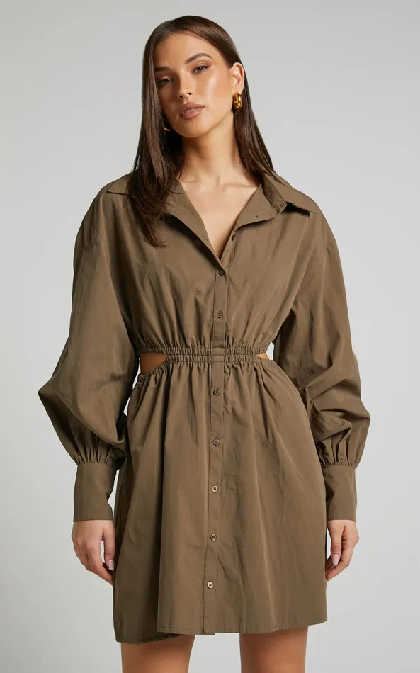 Showpo Jiah Dress 8211 Side Cut Out Mini Shirt Dress In Khaki Women Dresses