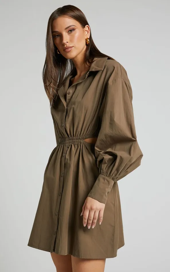 Showpo Jiah Dress 8211 Side Cut Out Mini Shirt Dress In Khaki Women Dresses