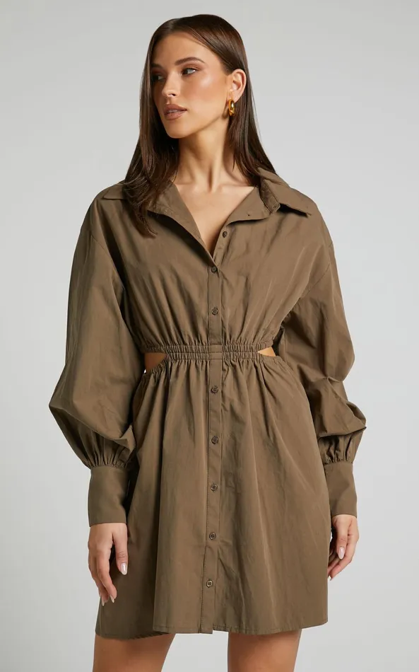 Showpo Jiah Dress 8211 Side Cut Out Mini Shirt Dress In Khaki Women Dresses