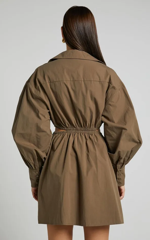 Showpo Jiah Dress 8211 Side Cut Out Mini Shirt Dress In Khaki Women Dresses